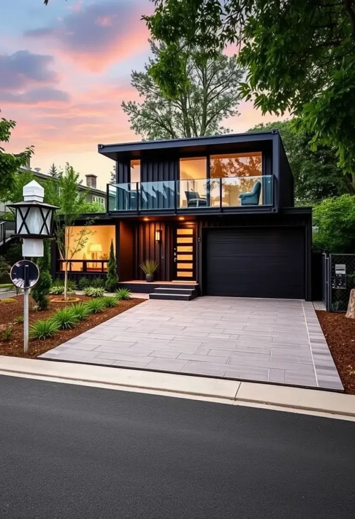 Contemporary black container house with a glass balcony, warm lighting, and modern landscaping under a pink sunset sky.