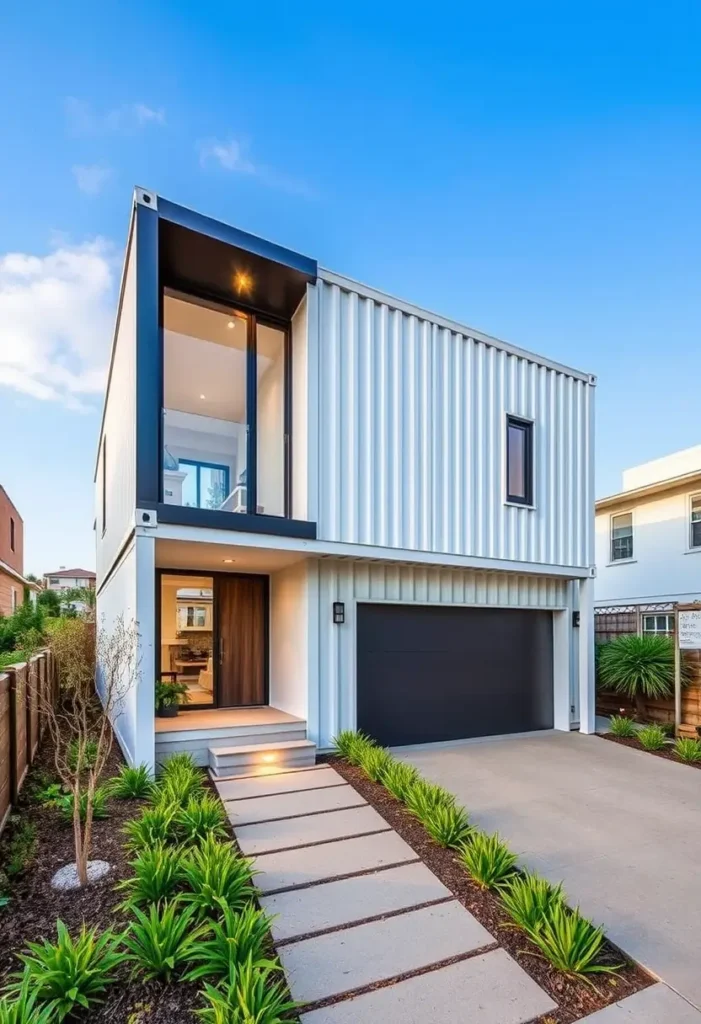 White minimalist container home with a black garage, modern pathway, and vibrant greenery under a bright blue sky.