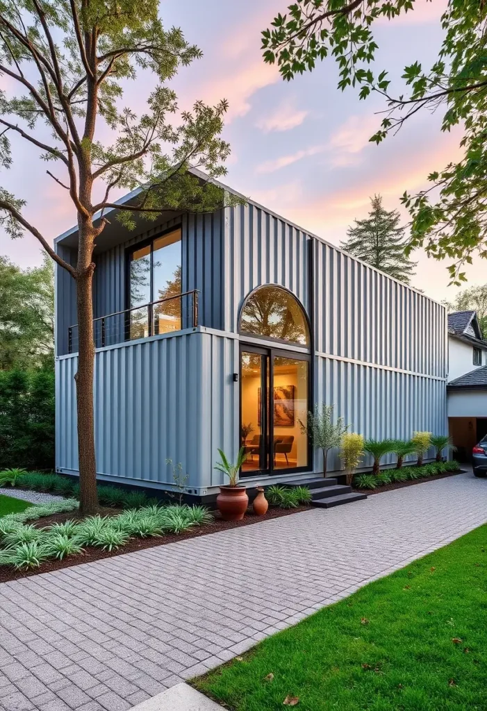 Stylish container home with an arched window, modern landscaping, and warm lighting at sunset, blending elegance with industrial design.