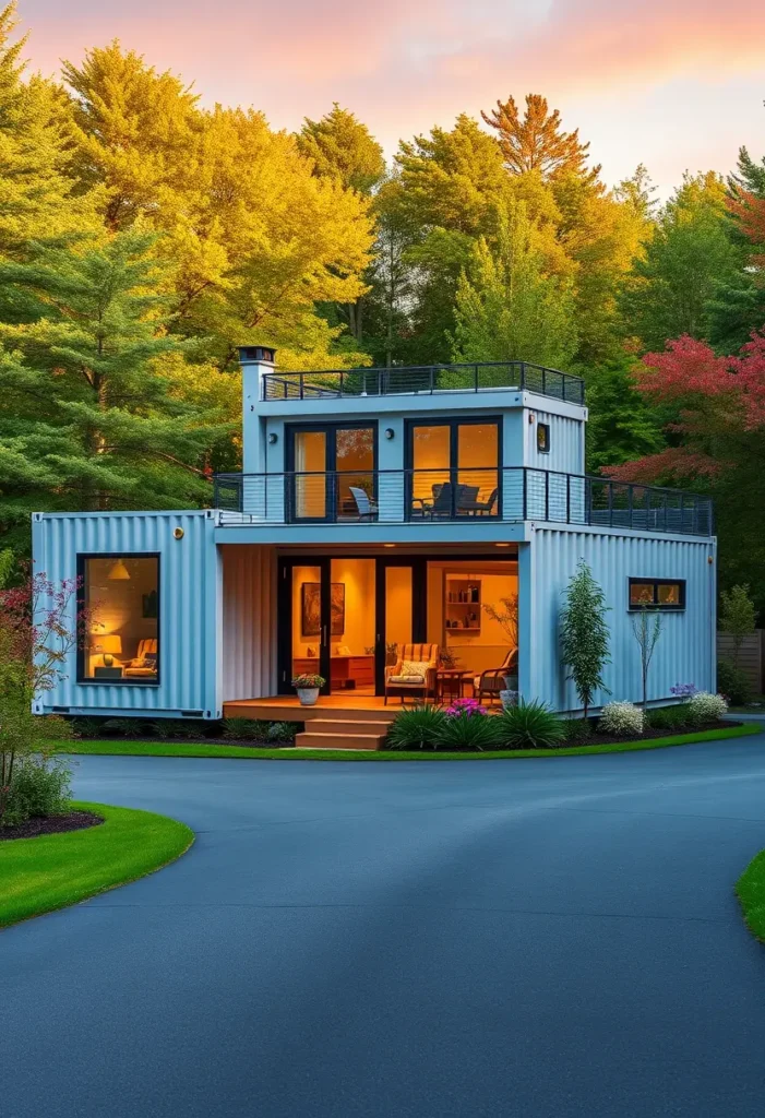 Modern two-story container home with warm lighting, a rooftop deck, and lush forest surroundings at sunset.