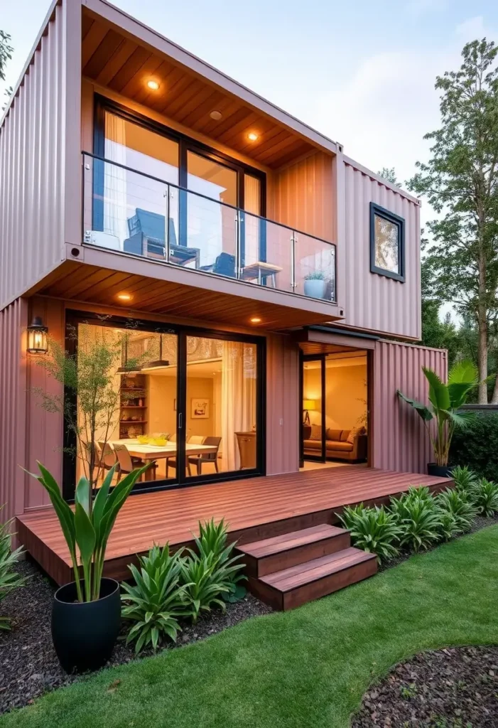 Two-story container home with warm lighting, glass sliding doors, and a lush green garden creating a modern yet cozy ambiance.