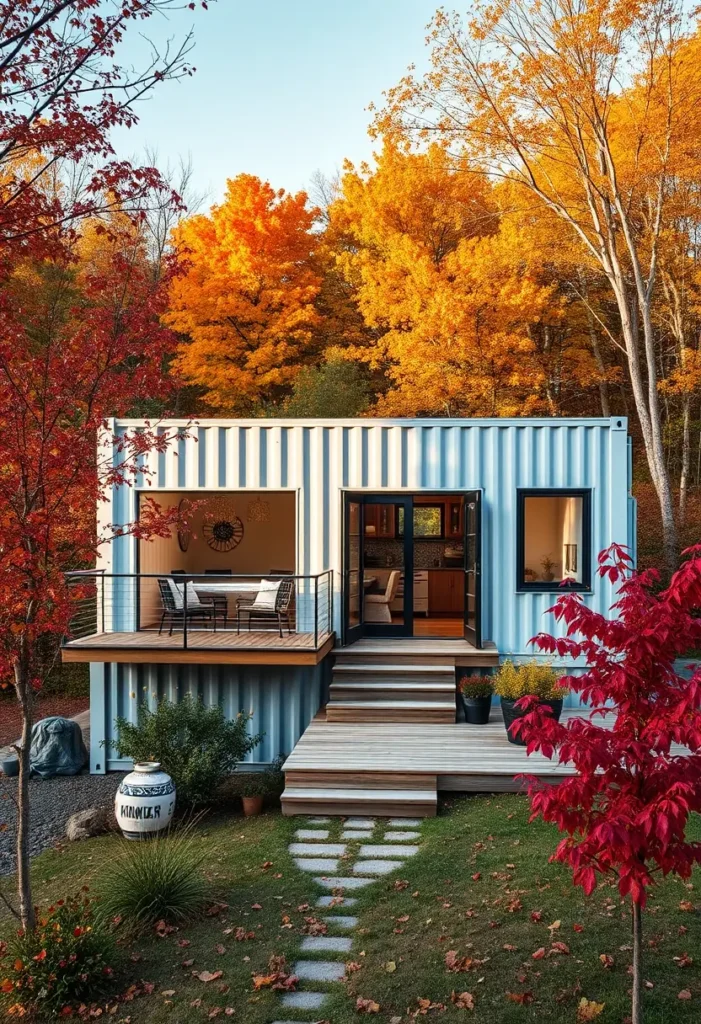 Container home nestled in autumn scenery, featuring a cozy balcony, large windows, and vibrant fall colors surrounding the property.