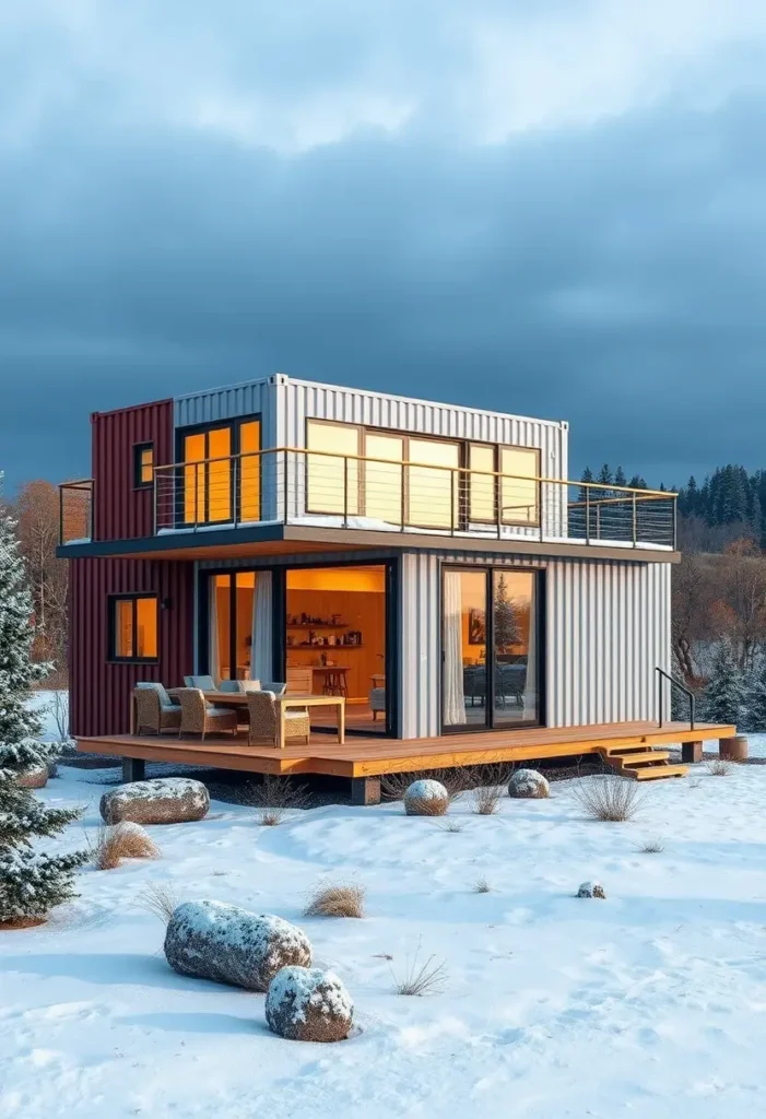 Modern container home in a snowy landscape, featuring a spacious deck, large windows, and warm interior lighting.