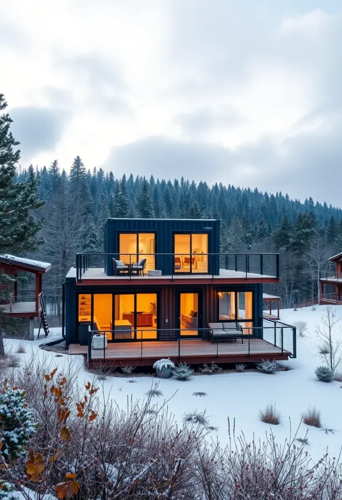 Two-story modern container home in a snowy mountain setting with large windows and wraparound decks.