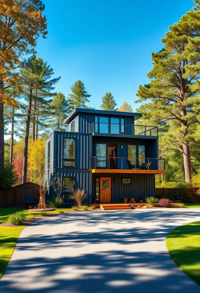 Three-story black container home surrounded by tall trees and a landscaped yard.