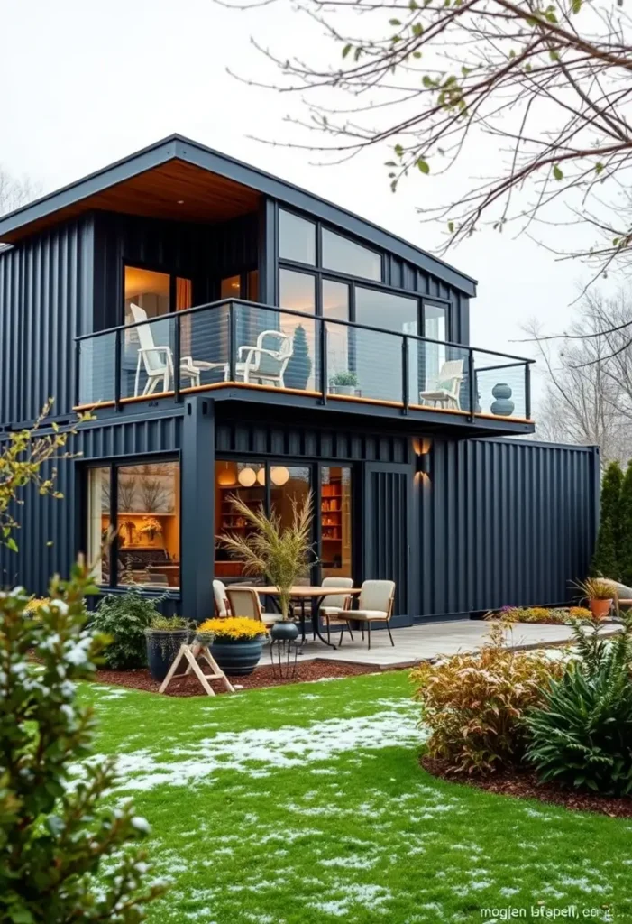 Modern two-story black container house with glass balcony and landscaped yard.