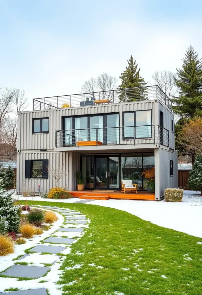 Contemporary two-story container house with rooftop patio and large glass doors, surrounded by a snowy landscaped yard.