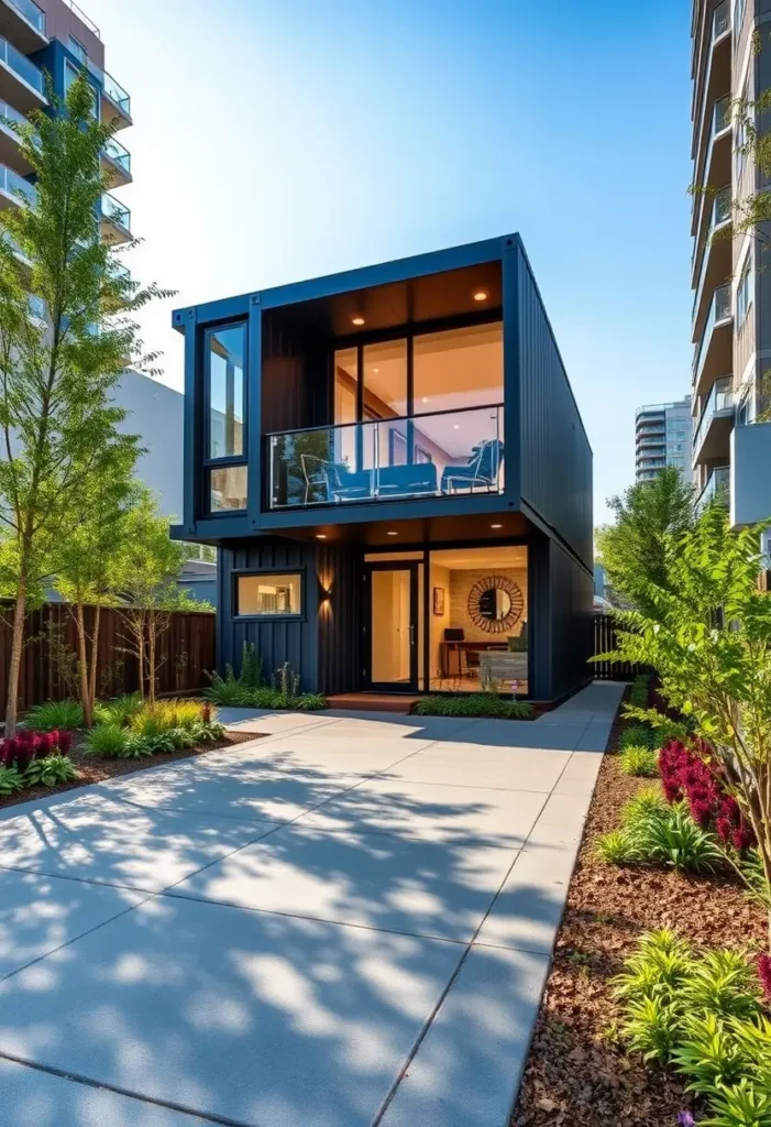 Modern two-story black container house with a glass balcony, landscaped garden, and contemporary urban surroundings.