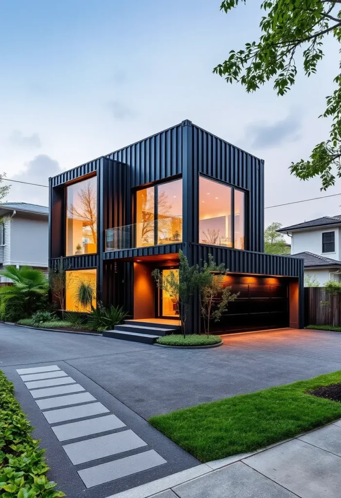 Two-story black container home with large glass windows, warm lighting, and minimalist landscaping in a suburban setting.