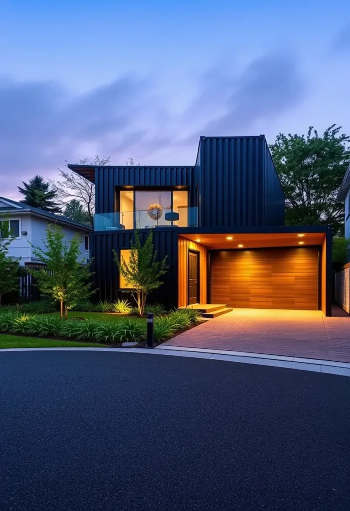 Black two-story container home with a wooden garage door, ambient lighting, and a sleek landscaped front yard.