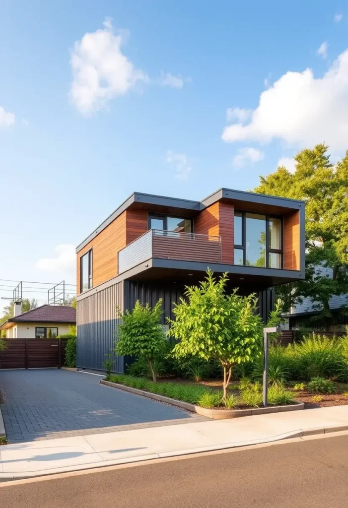 Two-story container home with wooden paneling, modern design, and lush greenery in a suburban setting.