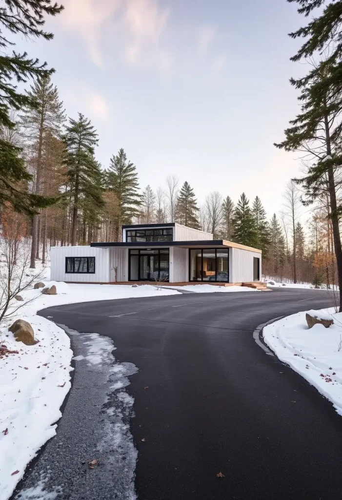 Modern white container home in a snowy forest setting with large windows and a black flat roof.