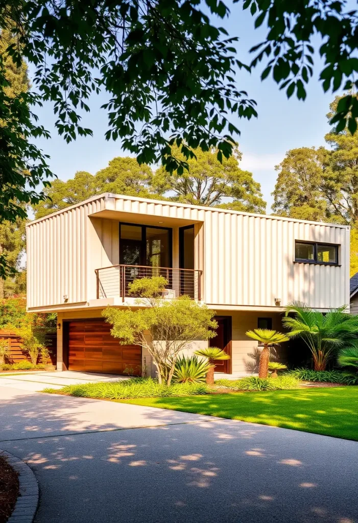 Modern elevated container home with wooden accents and a wraparound balcony surrounded by greenery.