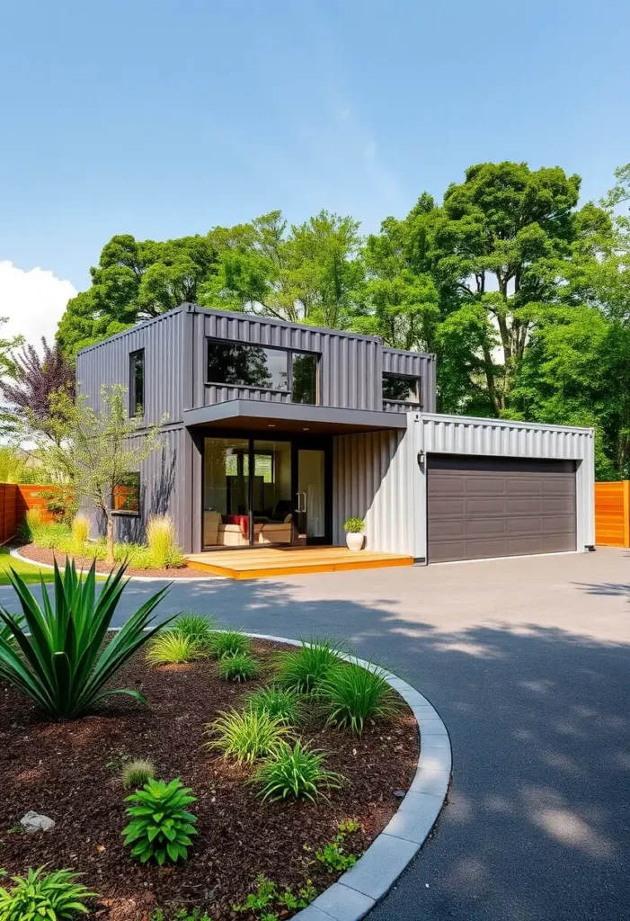 Contemporary container home with large windows, a garage, and lush landscaping surrounded by greenery.