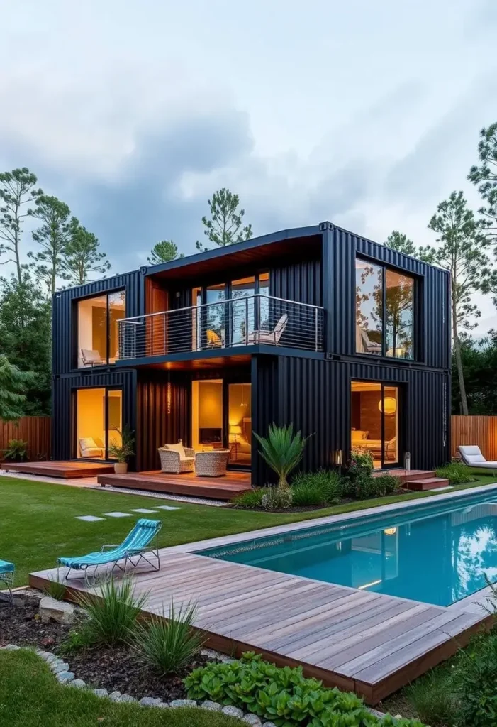 Modern black container home with large glass windows, outdoor seating, and a private pool surrounded by greenery.