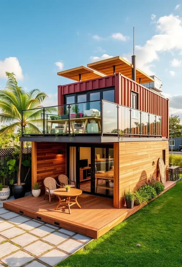 Red and wooden container home with a rooftop patio, tropical landscaping, and inviting outdoor seating.