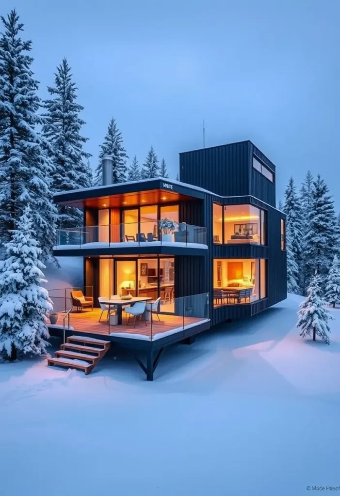 Modern container house surrounded by snowy trees, with large glass windows and a lit-up elevated deck.