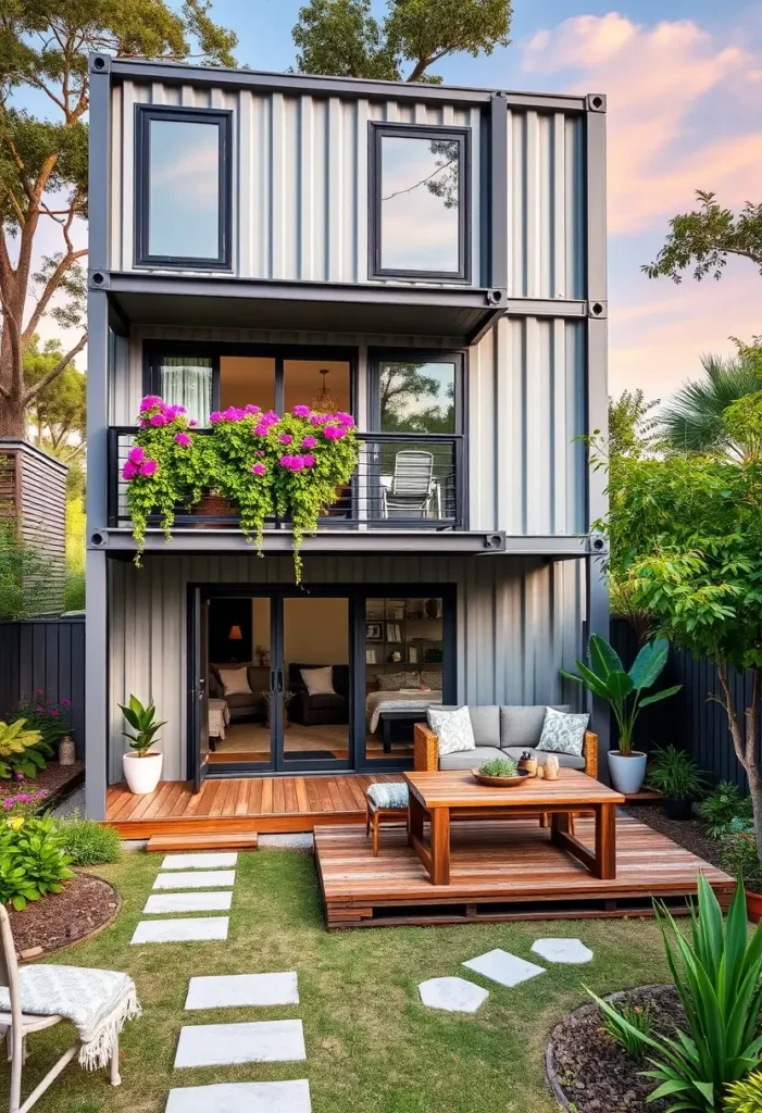 Two-story container home with a balcony adorned with pink flowers, a green yard, and a wooden patio. Container Homes