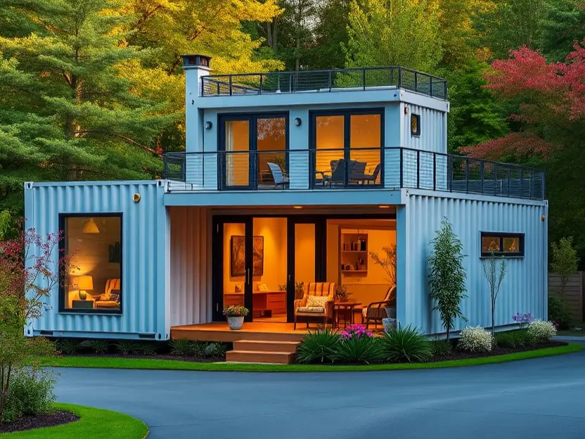 Modern two-story container home with warm lighting, a rooftop deck, and lush forest surroundings at sunset. Feature image