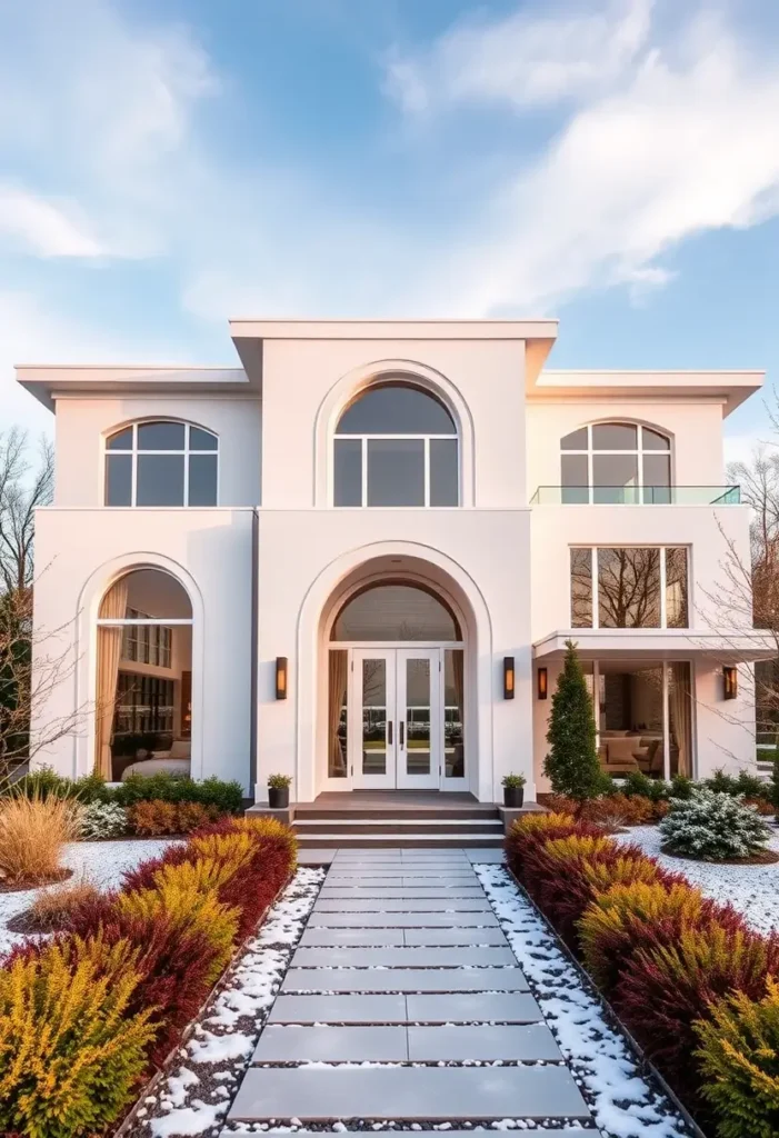 Contemporary home with arched windows, white facade, and minimalist landscaping under a bright sky.