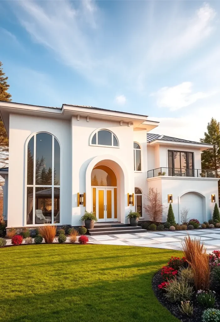 Modern white house with arched windows, large front lawn, and minimalist landscaping under a bright blue sky.