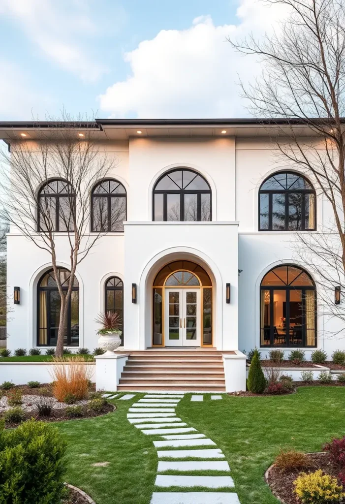 Modern white home with black arched windows, landscaped pathway, and a warm-toned entryway surrounded by greenery.