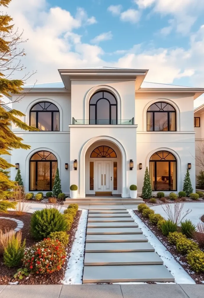 Modern white house with symmetrical arched windows, landscaped pathway, and a glass balcony surrounded by greenery.