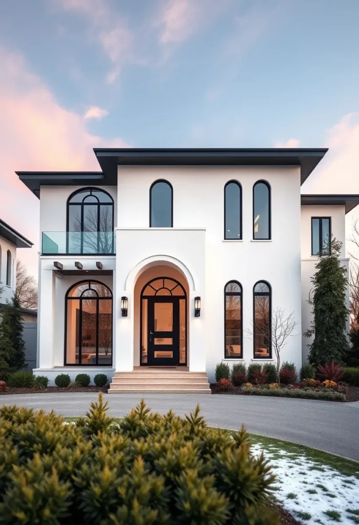 Modern white house with black-framed arched windows, a glass balcony, and a stylish entryway under a pastel evening sky.