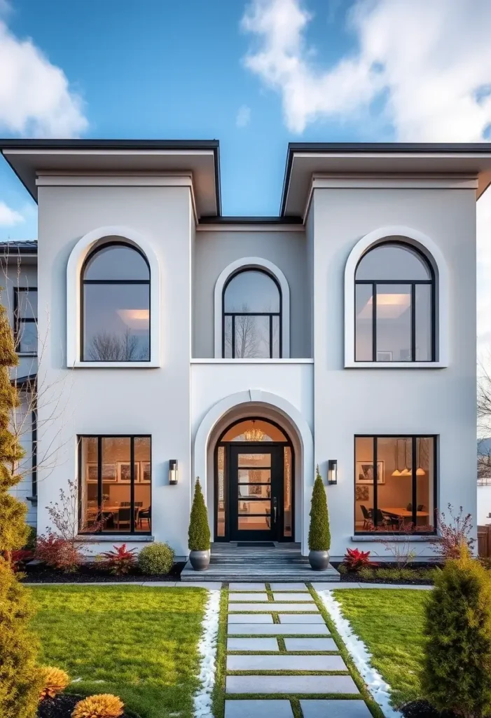 Modern white home with arched windows, a black-framed entry door, and a landscaped pathway surrounded by a lush green lawn.