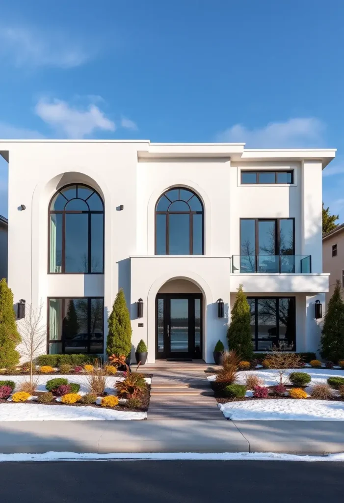 Modern white home with tall arched windows, black-framed glass doors, and a landscaped front yard under a clear blue sky.