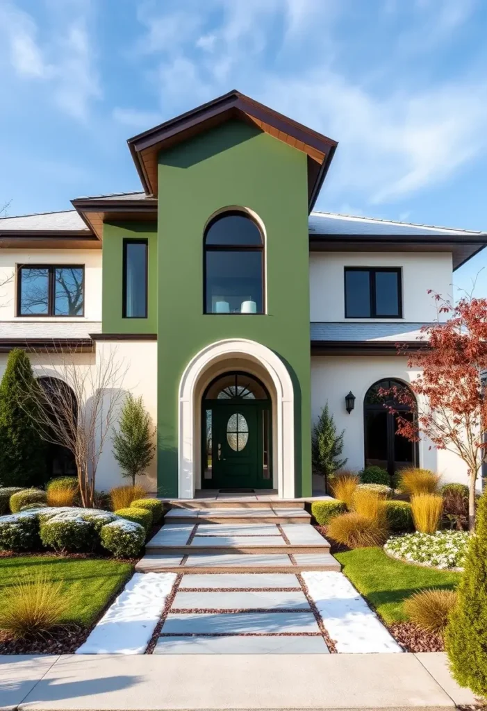 Contemporary home with a green accent wall, arched windows, and a landscaped pathway surrounded by vibrant greenery.