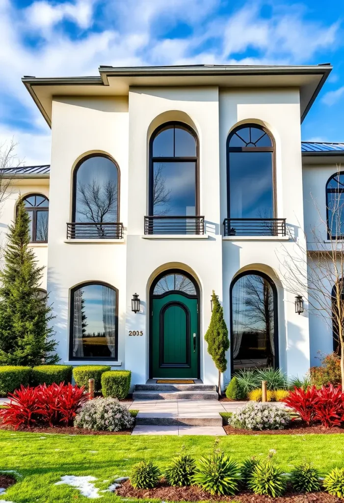 Modern white home with tall arched windows, a green front door, and vibrant landscaping under a bright blue sky.