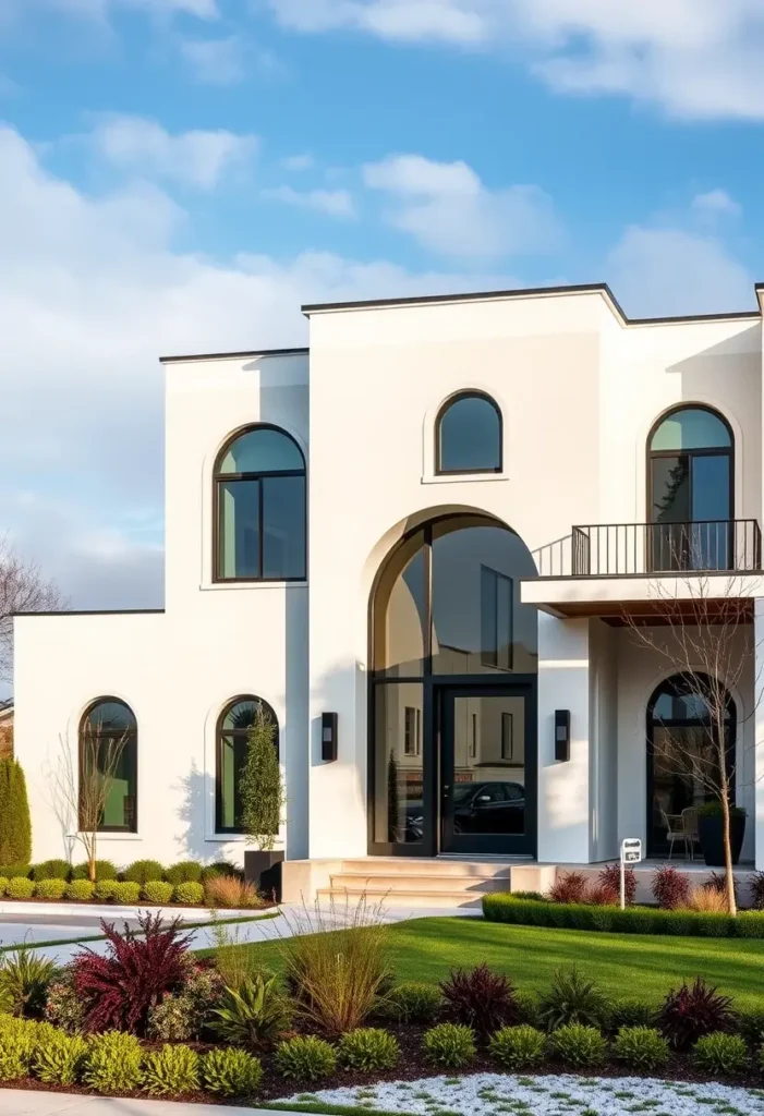 Contemporary white house with arched windows, a glass balcony, and landscaped greenery under a bright blue sky.