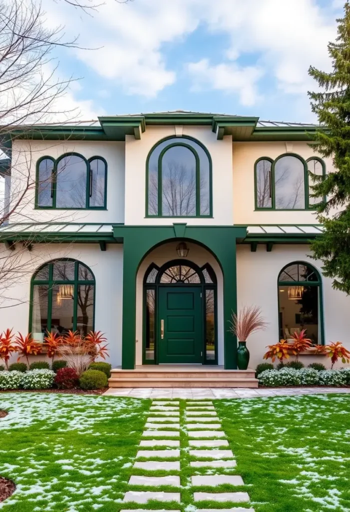 Contemporary home with green accents, arched windows, a vibrant green door, and a landscaped pathway surrounded by colorful foliage.