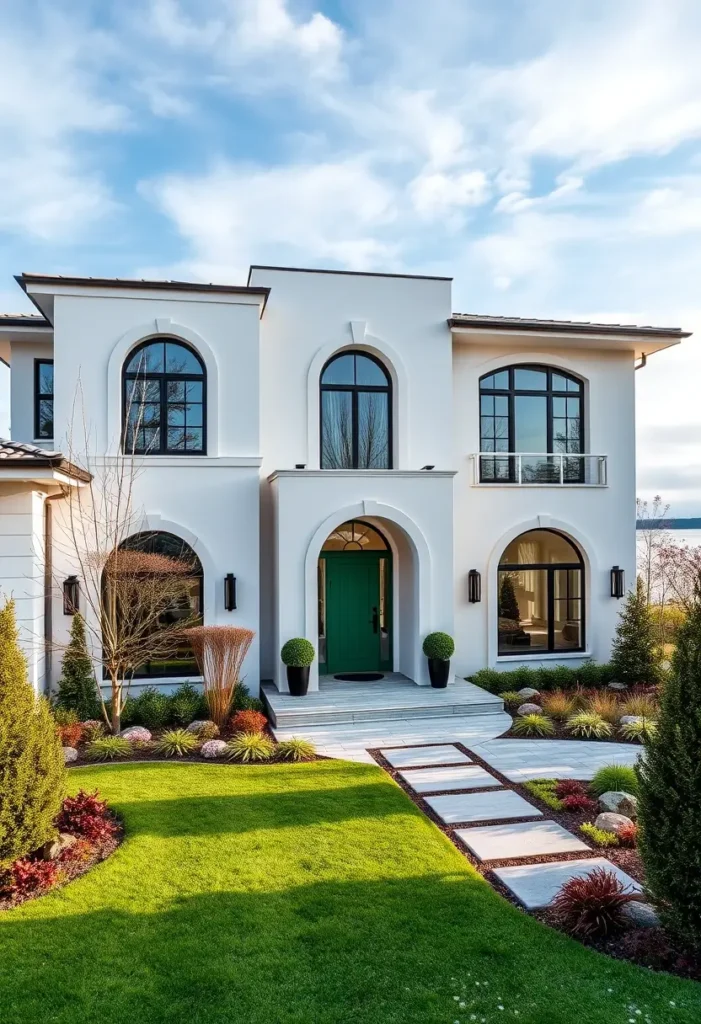 Modern white home with arched black-framed windows, a vibrant green front door, and a landscaped yard featuring a stone pathway.