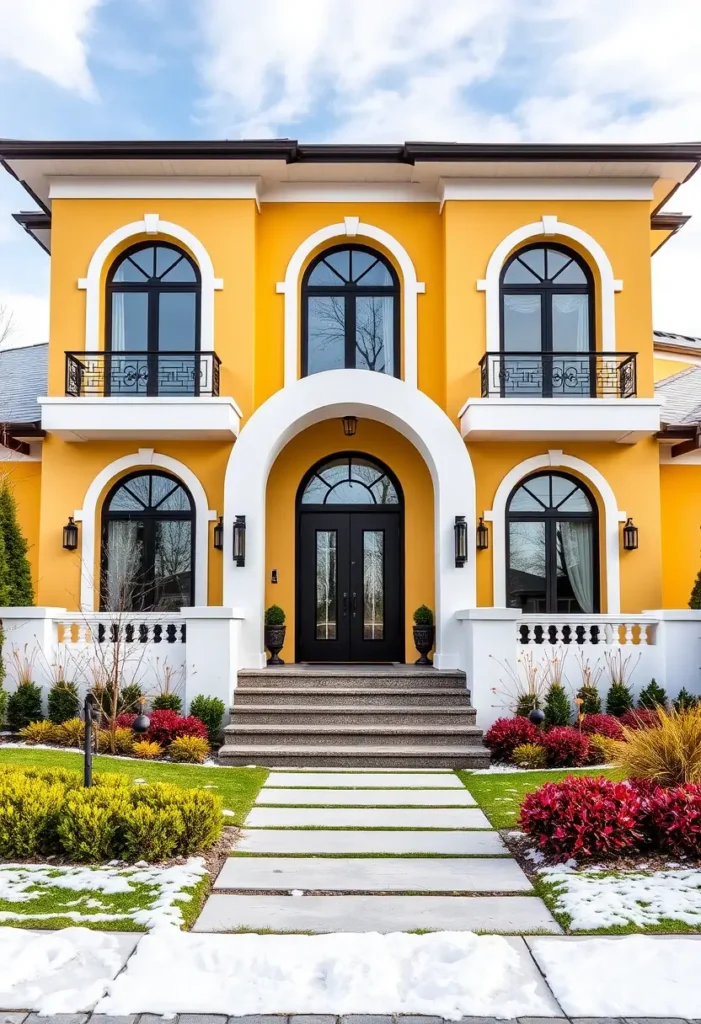 Contemporary yellow home with arched windows, black accents, a decorative balcony, and a landscaped yard featuring a stone pathway.