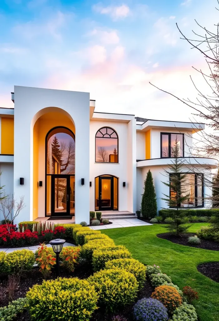 Contemporary white home with tall arched windows, yellow accents, and lush landscaping at sunset.
