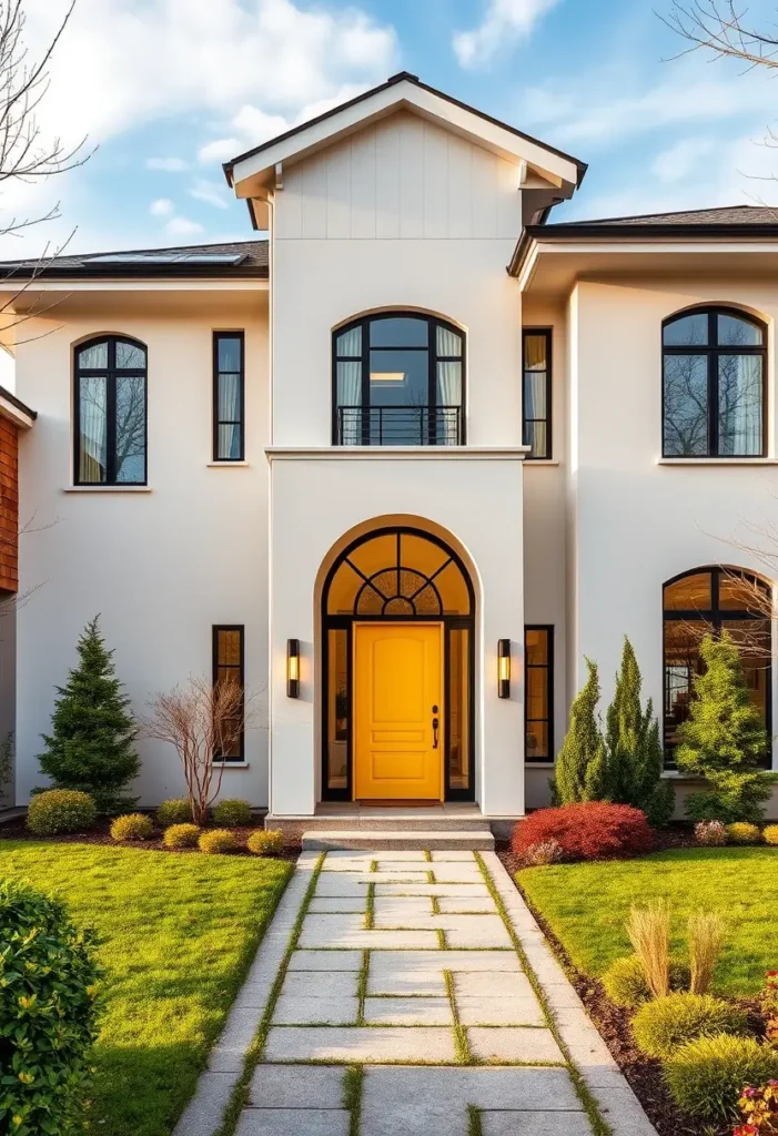 Contemporary white home with arched windows, a vibrant yellow front door, and a paved pathway surrounded by lush greenery.