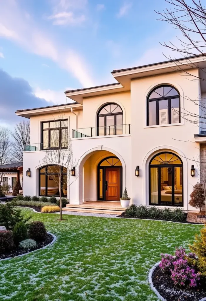 Modern white home with arched windows, a wooden front door, glass balcony, and landscaped lawn under a pastel sky.