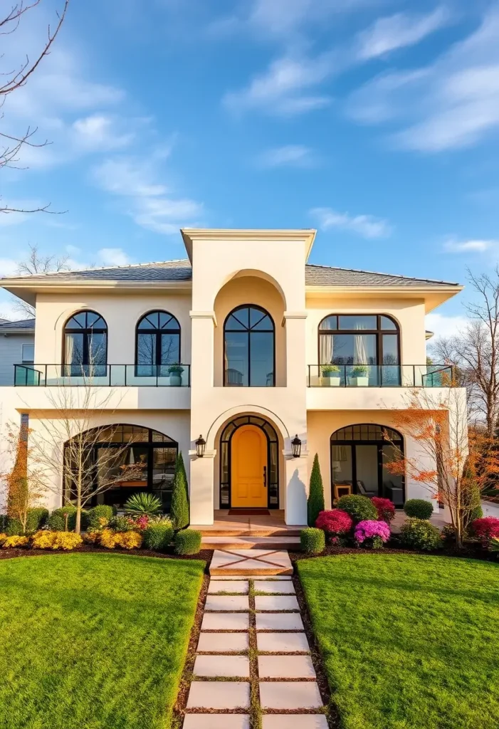 Modern two-story home with arched windows, a yellow front door, glass balconies, and a landscaped pathway under a bright blue sky.