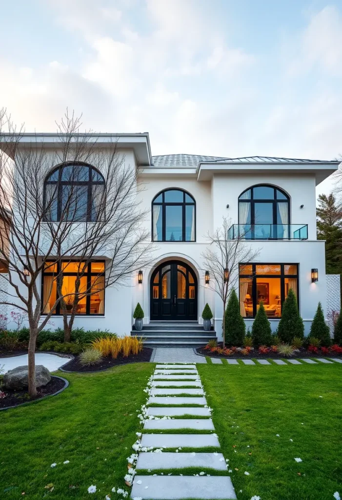 Contemporary white home with arched black-framed windows, double black doors, and a landscaped pathway leading to the entrance.