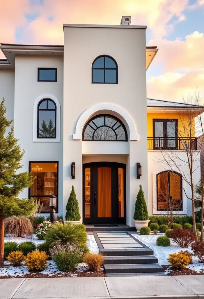 Modern white home with an arched black-framed window, wooden front door, and lush landscaping under a pastel sky.