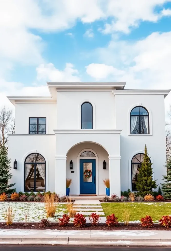 Modern white home with a bold blue front door, arched windows, and festive wreath, surrounded by landscaped greenery and winter accents.