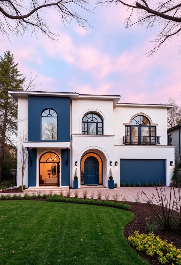 Modern white home with deep blue accents, arched windows, and a matching garage, surrounded by a manicured lawn at sunset.