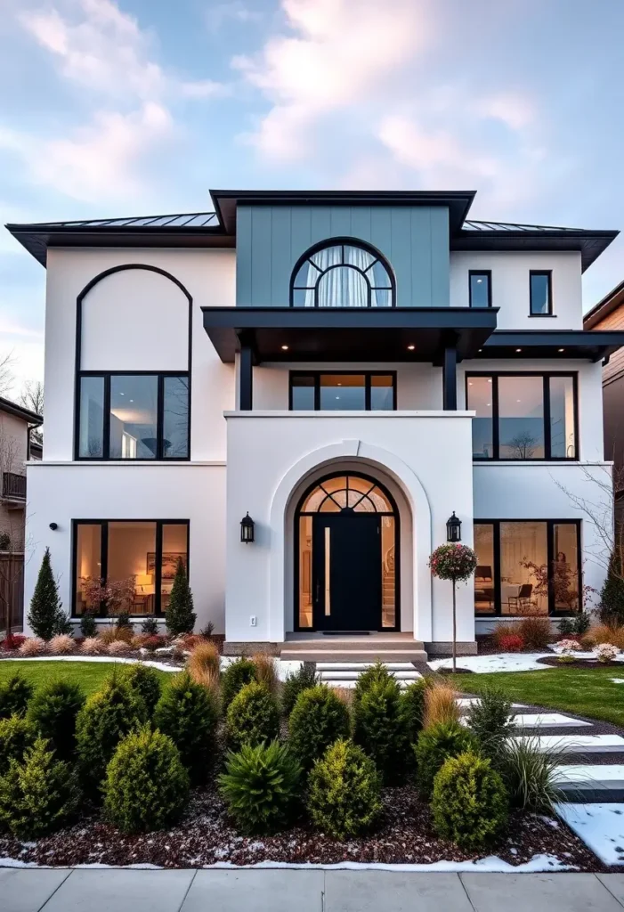 Contemporary white home with arched windows, a black front door, blue upper facade accents, and manicured landscaping under a pastel sky.