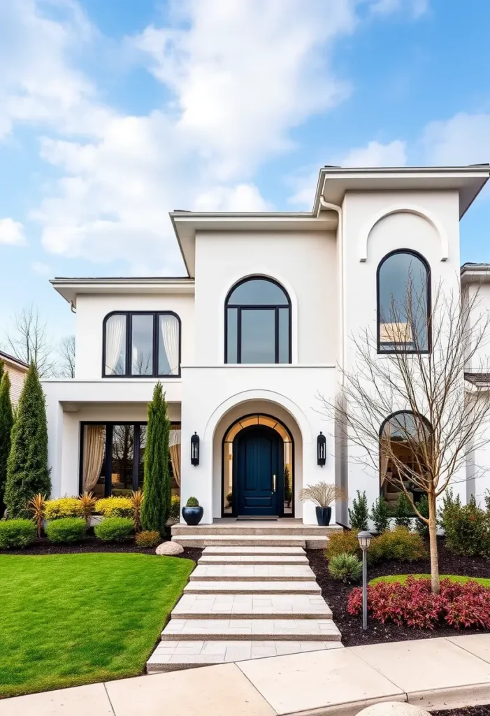 Elegant contemporary home with arched windows, a navy front door, and a beautifully landscaped yard under a bright blue sky.