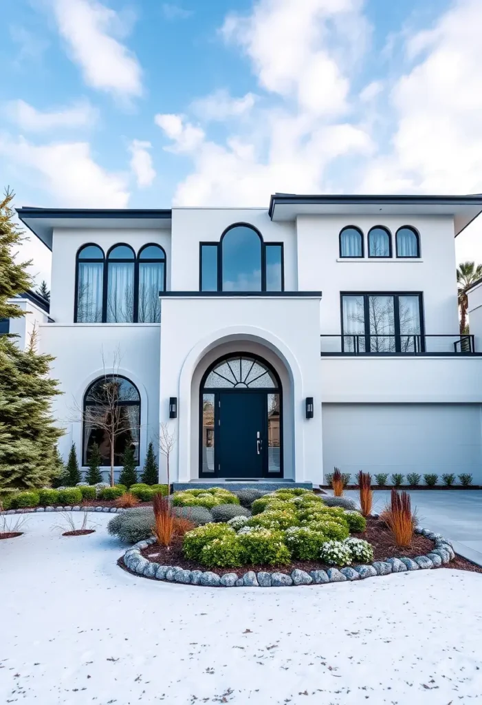 Modern home with curved arches, dark front door, and symmetrical landscaping under a bright sky.