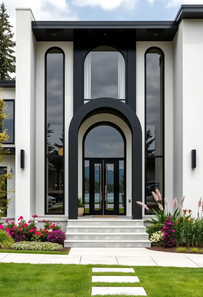 A sleek contemporary home exterior featuring a black-and-white color scheme, large vertical glass panels, an arched doorway, and vibrant floral landscaping.

