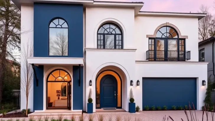 Modern white home with deep blue accents, arched windows, and a matching garage, surrounded by a manicured lawn at sunset. Feature image