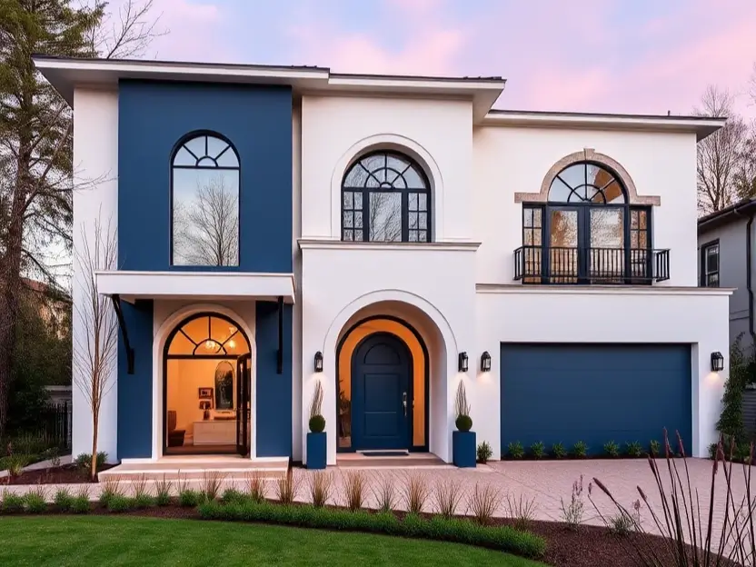 Modern white home with deep blue accents, arched windows, and a matching garage, surrounded by a manicured lawn at sunset. Feature image